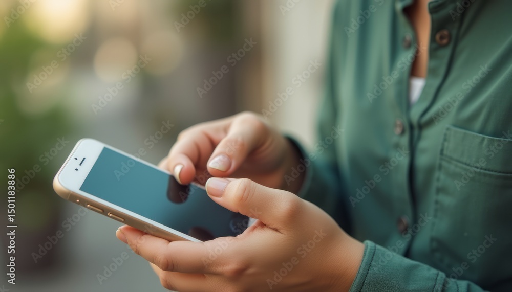Person using smartphone outdoors Person using smartphone outdoors