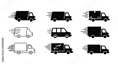 Delivery Truck icon set. Free delivery 24 hours. Fast shipping truck. Fast shipping delivery truck. Express delivery trucks icons. Vector illustration.