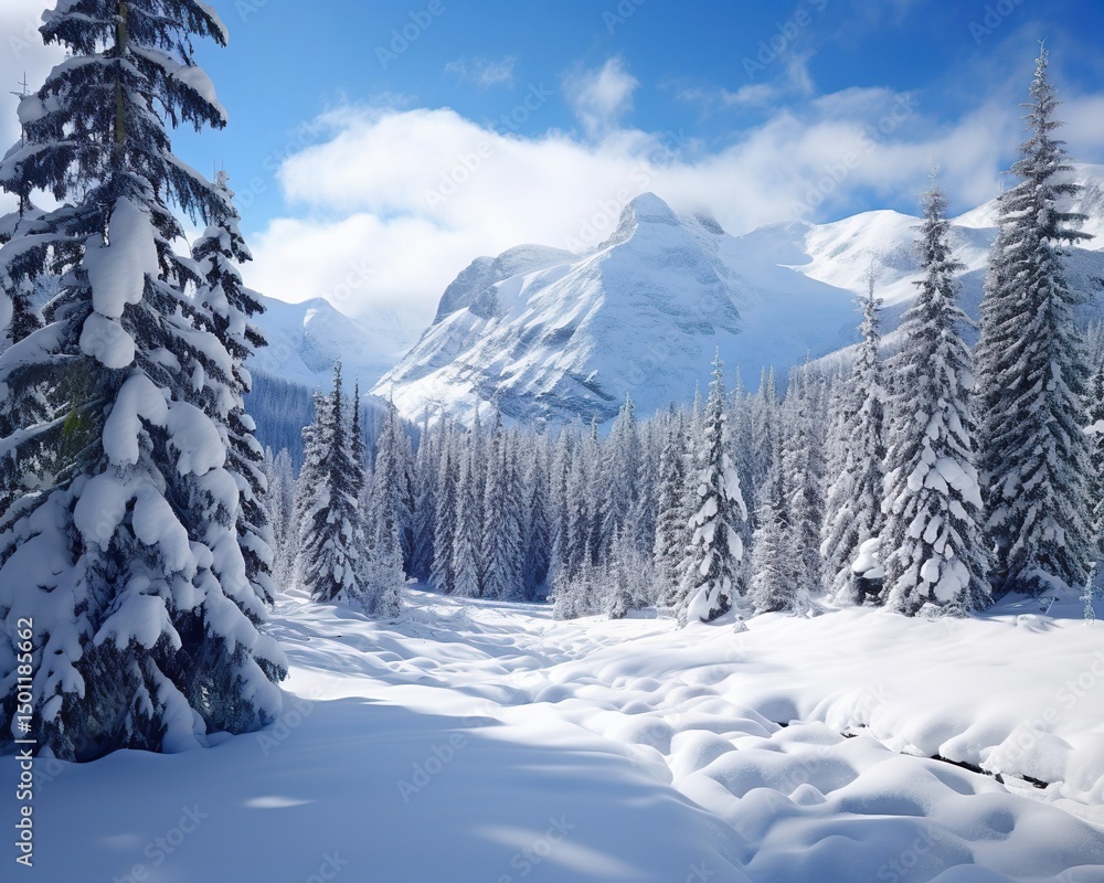 Obraz premium Behold, a wondrous spectacle unfolds as ethereal touch of snow bestows upon holiday festivities an enchanting and everlasting essence, rendering this Christmas a truly majestic affair