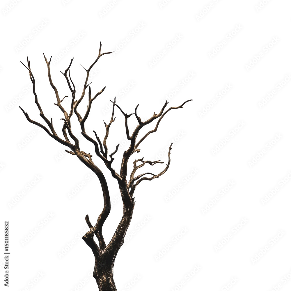 Fototapeta premium A striking, bare tree with twisted branches against a plain background, evoking feelings of solitude and resilience in nature. on transparent background