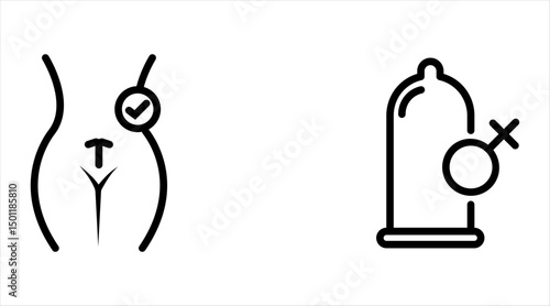 Female condom concept icon set. Birth control device. Contraceptive. Protection against sexually transmitted infections idea thin line illustration. Vector isolated outline drawing. Editable stroke