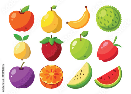 Fruit Vector Icon Set , There are Fruit Icons of Apple, Orange, Pineapple, Mango, strawberry, Blueberry, Watermelon, Banana and More.