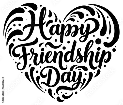 Happy Friendship Day graphic design in a heart shape. Stylish, decorative text design with swirls and dots creating a festive, artistic heart graphic.