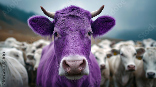 A vibrant purple cow stands out against a herd of white cows, creating a surreal and whimsical scene in a mountainous pasture.