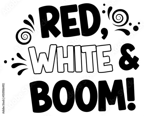 Red, white, and boom graphic design. Typography design of three words, red, white and boom, in a stylized font, with decorative elements.