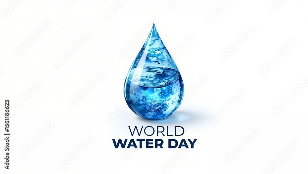 Obraz premium A vivid blue water droplet with rippling textures and bubbles inside, set against a white background with bold blue text reading 'WORLD WATER DAY'.