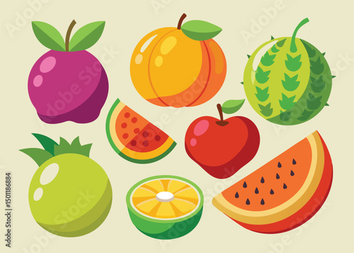 Fruit Vector Icon Set , There are Fruit Icons of Apple, Orange, Pineapple, Mango, strawberry, Blueberry, Watermelon, Banana and More.