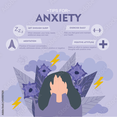 Depressed woman cover her face with hands. Concept of mental disorder, sorrow and depression. Physical and emotional violence against women. Vector illustration. Tips for anxiety infographic