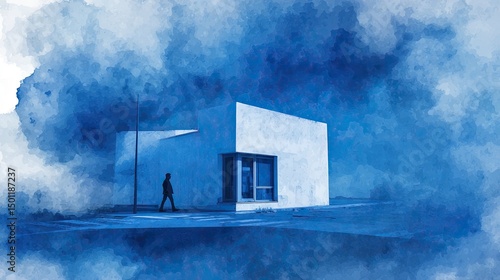 House dream man walking home with abstract blue art.