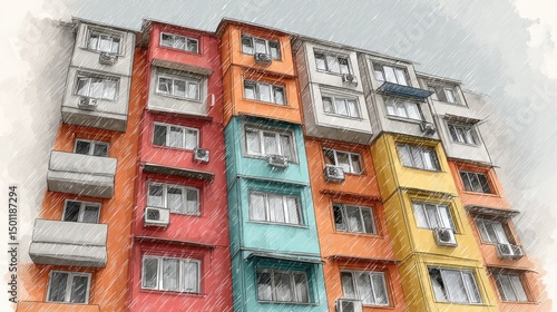 Colorful Building Urban Architecture with Sketch Style.