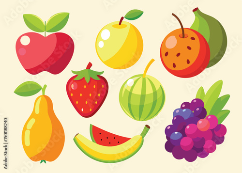 Fruit Vector Icon Set , There are Fruit Icons of Apple, Orange, Pineapple, Mango, strawberry, Blueberry, Watermelon, Banana and More.