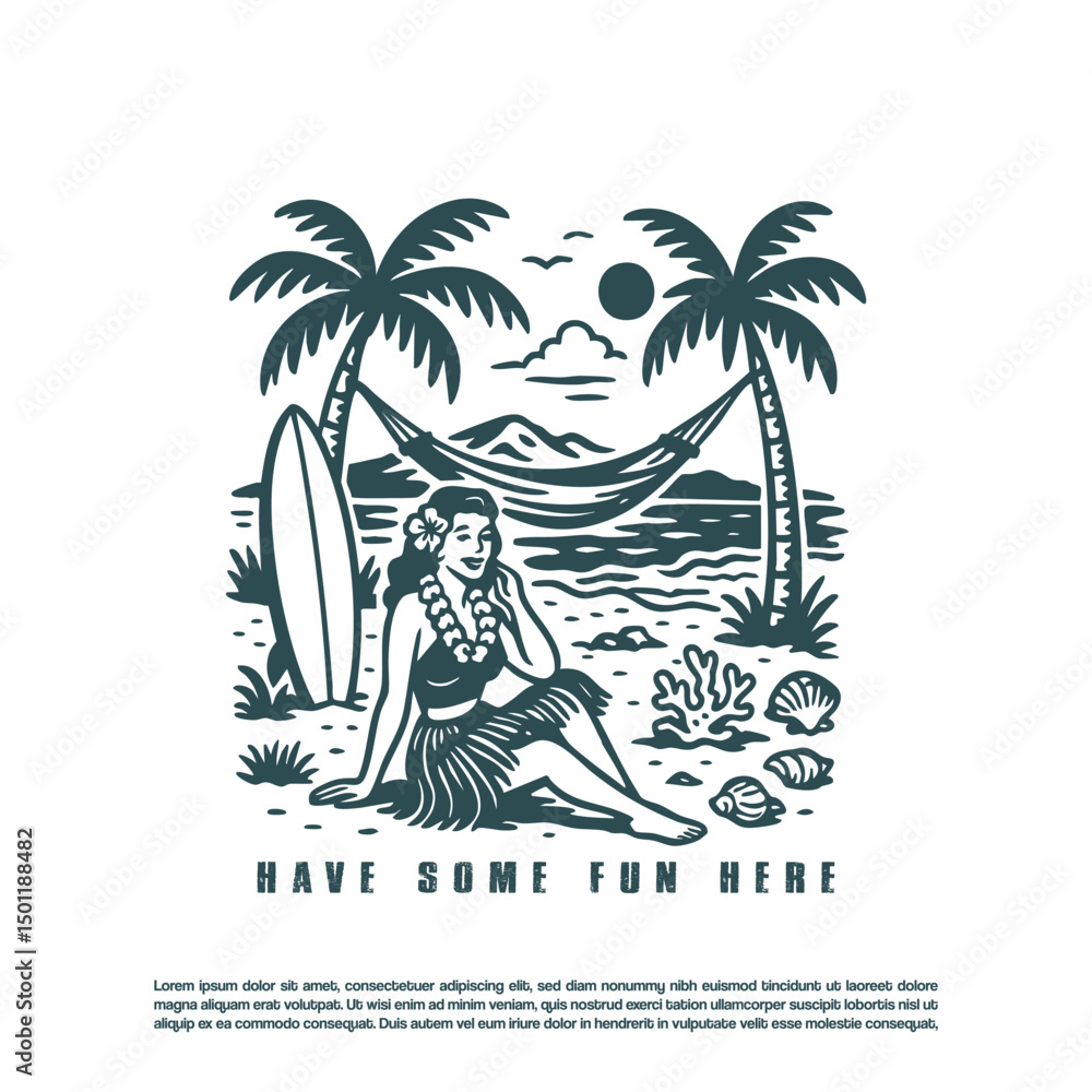 Naklejka premium Vintage retro exotic Hawaiian girl dancer in the Hawaii beach vector illustration