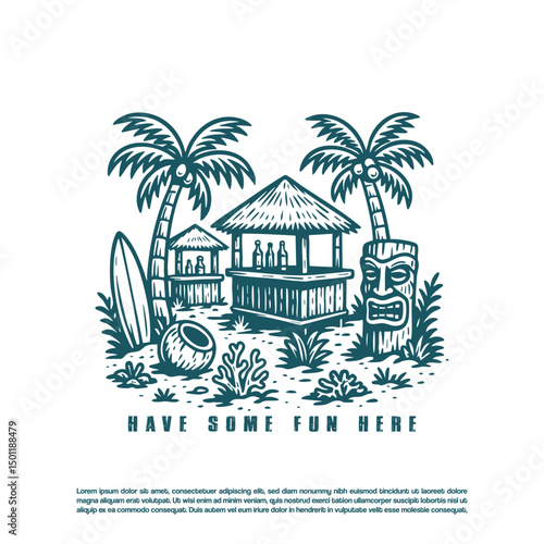 Exotic Hawaiian bar club with coconut tree and Tiki statue