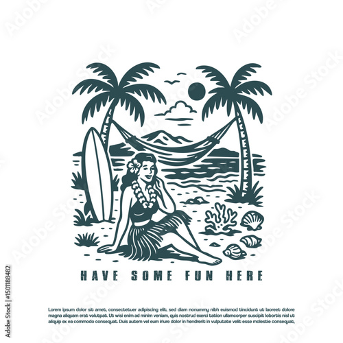 Vintage retro exotic Hawaiian girl dancer in the Hawaii beach vector illustration