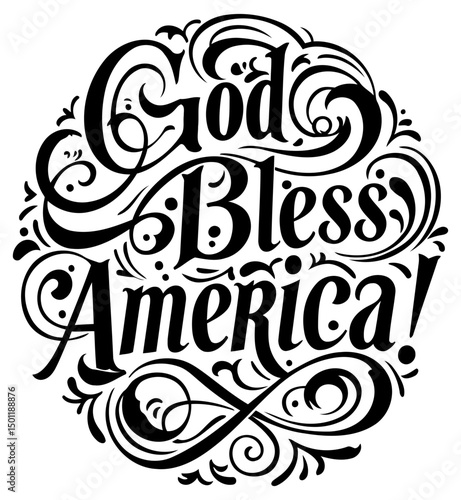 God Bless America decorative typography design with ornate swirls and flourishes. Text in a classic, elegant script style on a white background.