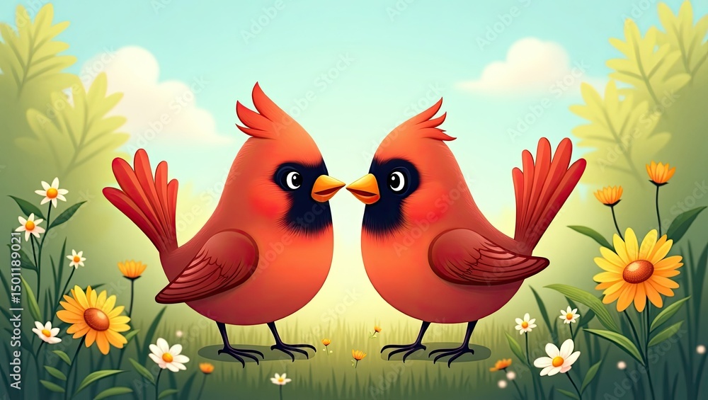 Obraz premium Two Loving Cardinals in a Grassy Field with Flowers