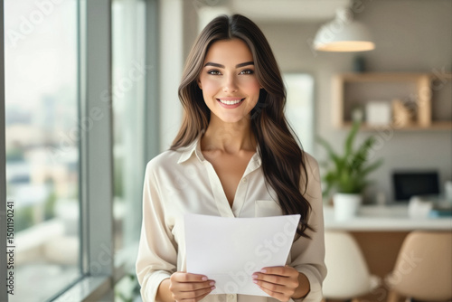 A smiling young woman with long brown hair holds a white paper in a modern, bright office setting. Free Download A smiling young woman with long brown hair holds a white paper in a modern, bright office setting. - GFXLoad