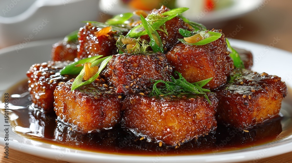 Crispy soy protein chunks drenched in savory brown sauce on a minimalist plate Crispy soy protein chunks drenched in savory brown sauce on a minimalist plate