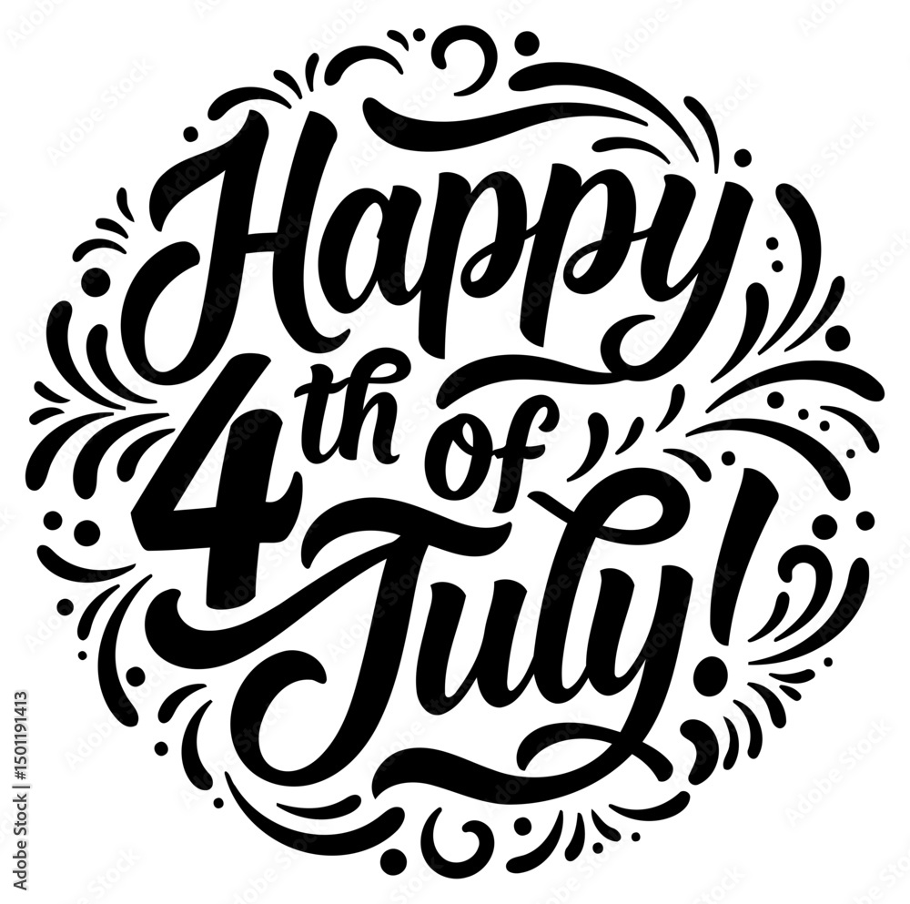 Happy 4th of July graphic design in circular decorative style. Elegant lettering with decorative elements for use in print and digital media. Happy 4th of July graphic design in circular decorative style. Elegant lettering with decorative elements for use in print and digital media.