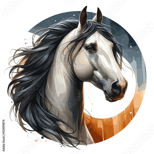 White Horse. Circle. Horse head.  Portrait. Watercolor style. Isolated on a white background. Banner. Vector illustration, AI