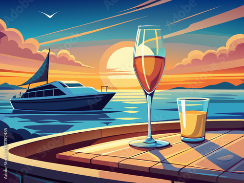 vector of Champagne in a glass on a tray of a luxury yacht sailing the ocean at sunset.