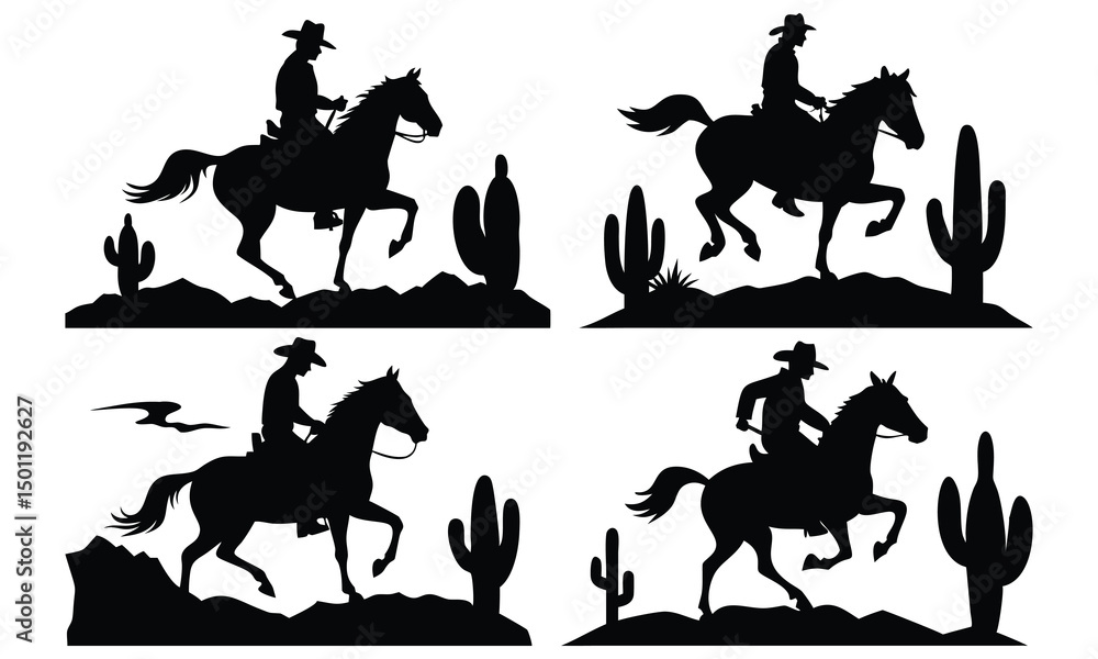 Fototapeta premium Vector silhouette collection of wild running horses and desert camels with riders, isolated black animal icons