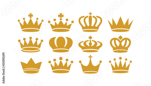 Gold Crown. Different types golden crowns, isolated on white background