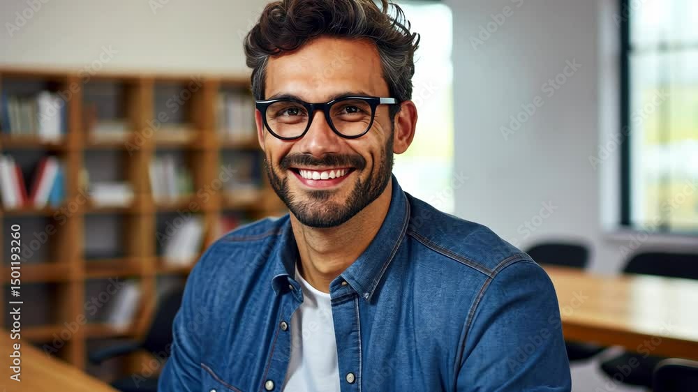 Smiling man wearing jeans and glasses in a study room with books Smiling man wearing jeans and glasses in a study room with books