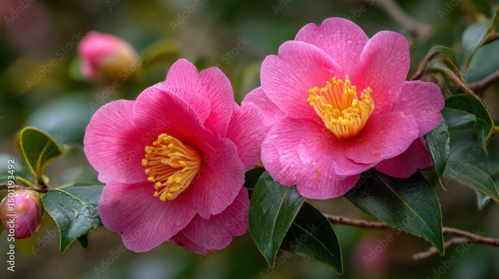 Two pink flowers with yellow centers are on a green leaf Two pink flowers with yellow centers are on a green leaf