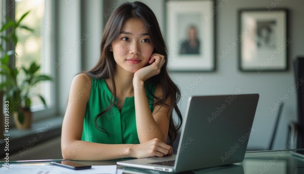 Thoughtful woman in green top working on laptop Thoughtful woman in green top working on laptop