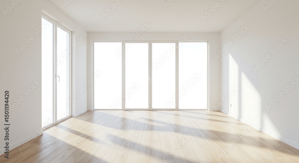 Sunlit Empty Room with Large Windows and Light Wood Floor Sunlit Empty Room with Large Windows and Light Wood Floor
