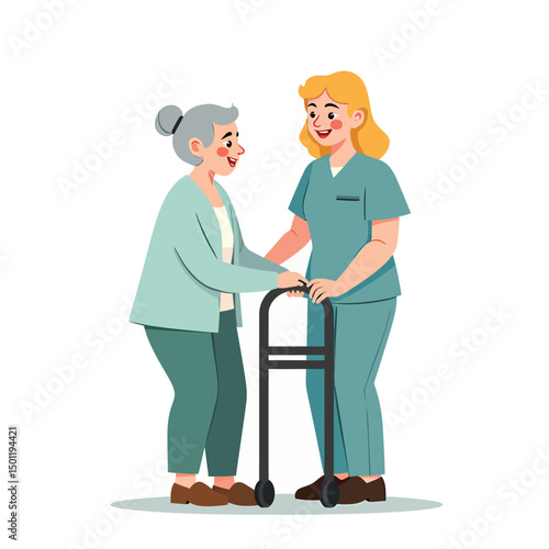 Elderly care assistance at home vector illustration for senior support and medical healthcare service