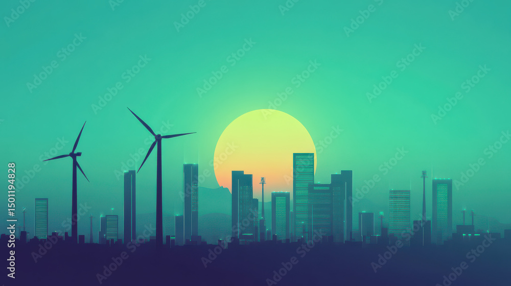 Obraz premium Renewable Energy Horizon: Modern city skyline embraces sustainable future, with towering wind turbines in the foreground, bathed in the warm glow of a setting sun.