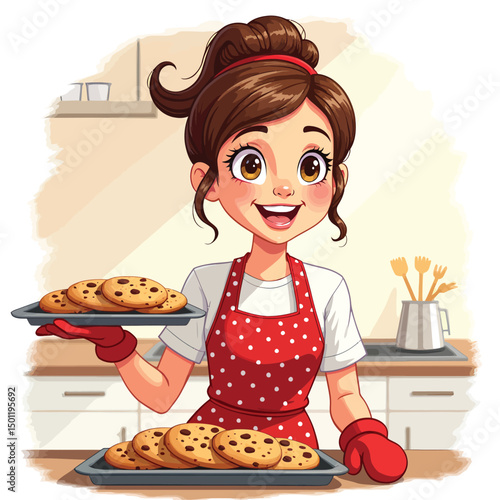 Cartoon girl baking homemade chocolate chip cookies in kitchen vector illustration image design art
