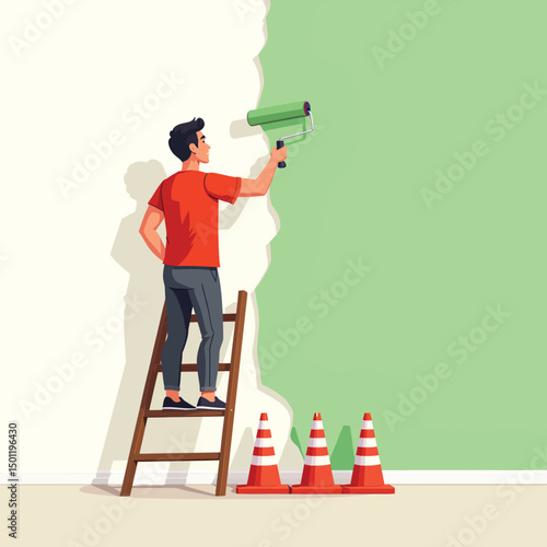 Painting wall service professional painter home improvement diy project with roller and ladder safety first