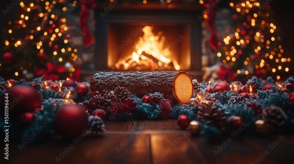 Cozy fireplace with ornaments, log, and warm lights creates a festive holiday atmosphere Cozy fireplace with ornaments, log, and warm lights creates a festive holiday atmosphere