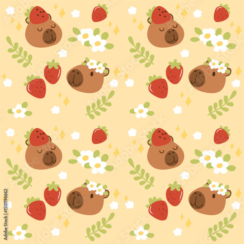 Seamless Pattern Hand-Drawn Cute Capybara and flower Illustration