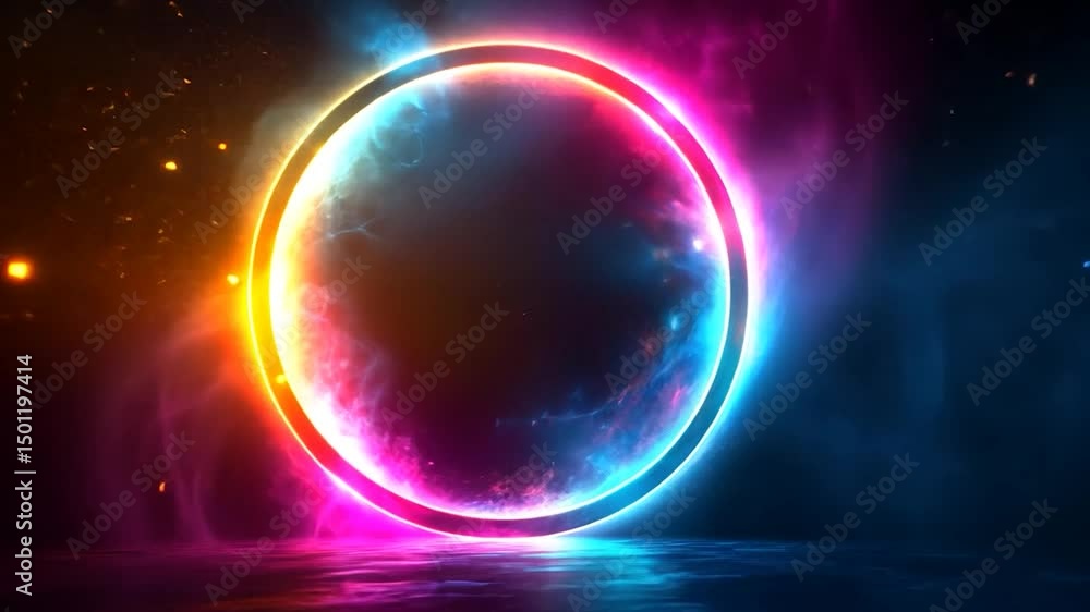 Radiant circular portal with glowing particles, an abstract space and time gate