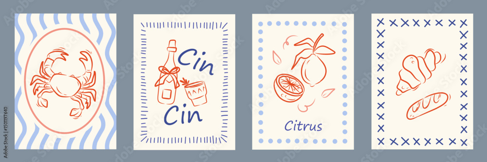 custom made wallpaper toronto digitalSummer Italy la dolce vita vintage posters. Amalfi or Sicily of postage stamps with image of Italian Mediterranean wine, crab, lemons, pastry wall decor. Vector illustration ink doodle sketch style.