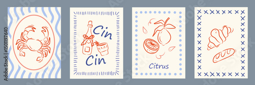 Summer Italy la dolce vita vintage posters. Amalfi or Sicily of postage stamps with image of Italian Mediterranean wine, crab, lemons, pastry wall decor. Vector illustration ink doodle sketch style.