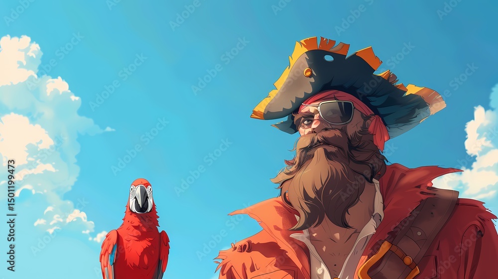 Fototapeta premium Stylized illustration of a pirate captain with a scarlet macaw parrot against a vibrant blue sky. Adventure, freedom, and buccaneer themes.