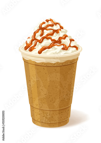 Coffee and caramel frappe vector illustration in plastic cup with straw isolated on white background cold sweet blended drink design