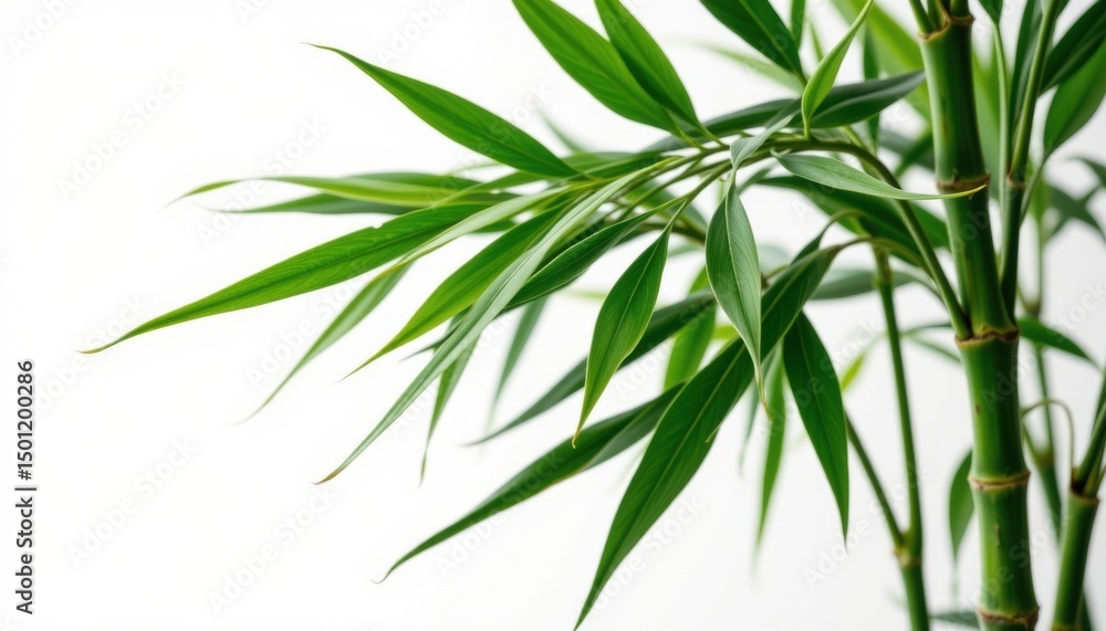 Fototapeta premium A close-up view of a vibrant bamboo plant, its green leaves and stems standing out against a bright backdrop. The image emphasizes the plant's natural beauty and the texture of its components.