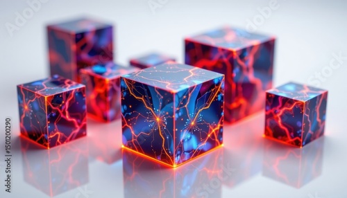 Abstract digital cubes glowing with energy, suggesting innovation and futuristic design. These interconnected cubes create a dynamic visual with bright lines and geometric forms