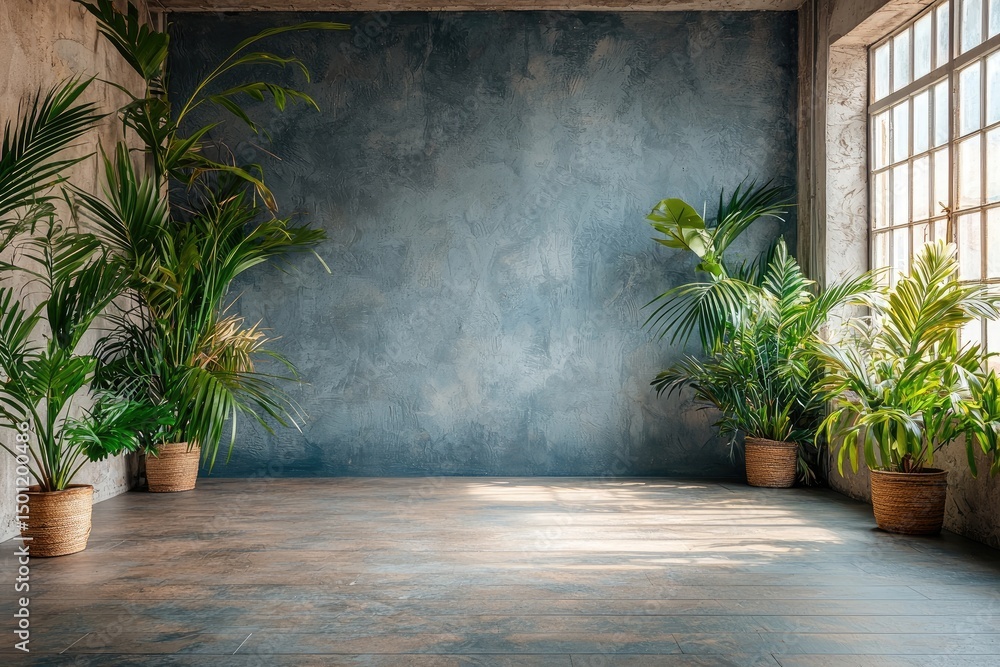 Empty room with large windows and lush plants. Empty room with large windows and lush plants.