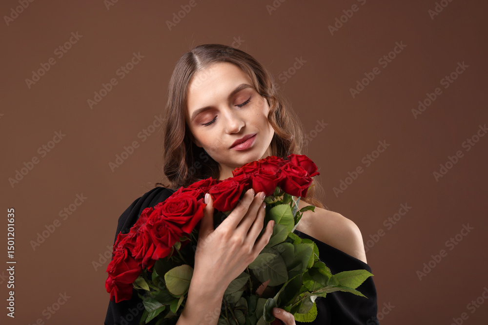 Beautiful woman with bouquet of roses on brown background Beautiful woman with bouquet of roses on brown background