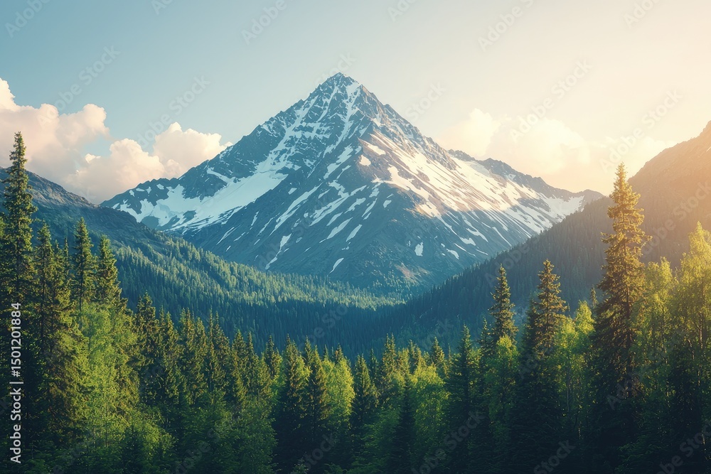 Obraz premium Majestic mountain peak rises above a lush forest valley.