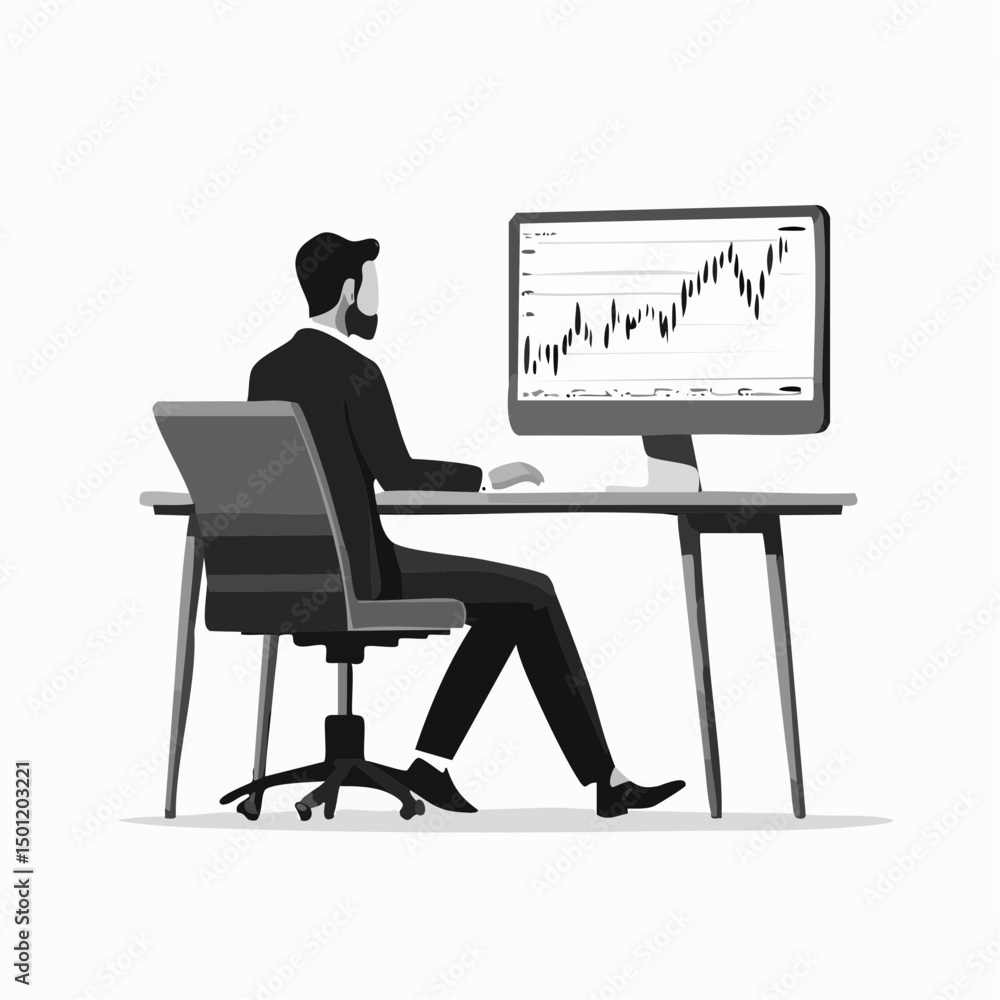 Trader Monitoring Stock Chart Silhouette — Flat 2D Minimalist Vector Trader Monitoring Stock Chart Silhouette — Flat 2D Minimalist Vector