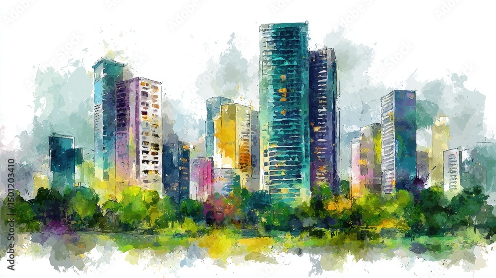 Obraz premium Watercolor Dreams Cityscape Impression.