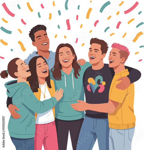 best friends forever group people hugging together and pose take portrait inside instant photo paper for happy youth friendship day cartoon doodle style vector illustration